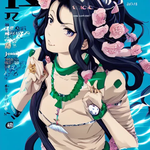 Image similar to Magazine Cover Anime key visual of a Gucci girl; official media; typography; drawn by Hirohiko Araki; Jojo's Bizarre Adventure; Jojolion, portrait, made by Stanley Artgerm Lau, WLOP, Rossdraws, James Jean, Andrei Riabovitchev, Marc Simonetti, Yoshitaka Amano, ArtStation