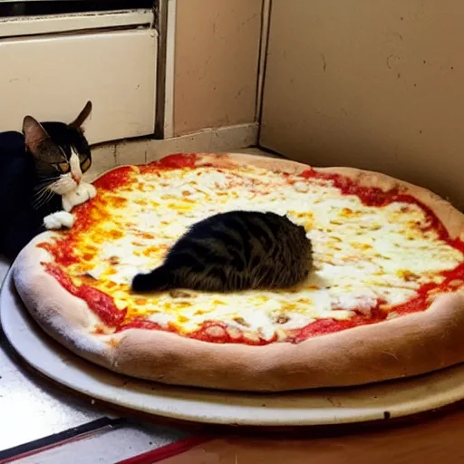 Image similar to a cat sleeping on a huge pizza