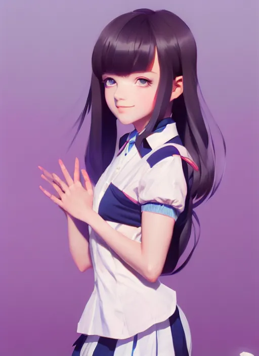 Image similar to full body beautiful and cute and aesthetic school girl greeting, very slightly smiling, wave a hand at the camera, perfect face, symmetric eyes, sharp focus, specular reflection, occlusion shadow, artstation, by ilya kuvshinov and jeremy lipking, light novel cover art, 3 d epic illustrations, symmetric body, model pose