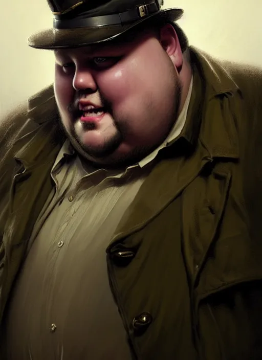 Image similar to portrait of a fat man wearing a a trenchcoat and a military cap, victorian, concept art, detailed face, fantasy, close up face, highly detailed, cinematic lighting, digital art painting by greg rutkowski