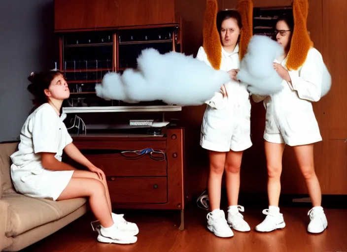 Image similar to realistic photo of a three young female scientists wearing white shorts, faces hidden veil, watching at a levitating fluffy furry cloud, in a living room sci - fi laboratory with many wooden gadgets made of wood interior is made of wood 1 9 9 0, life magazine reportage photo, natural colors