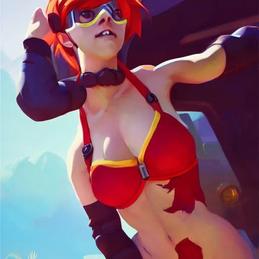 Image similar to portrair of overwatch tracer in a red bikini, artwork by sergey kolesov,