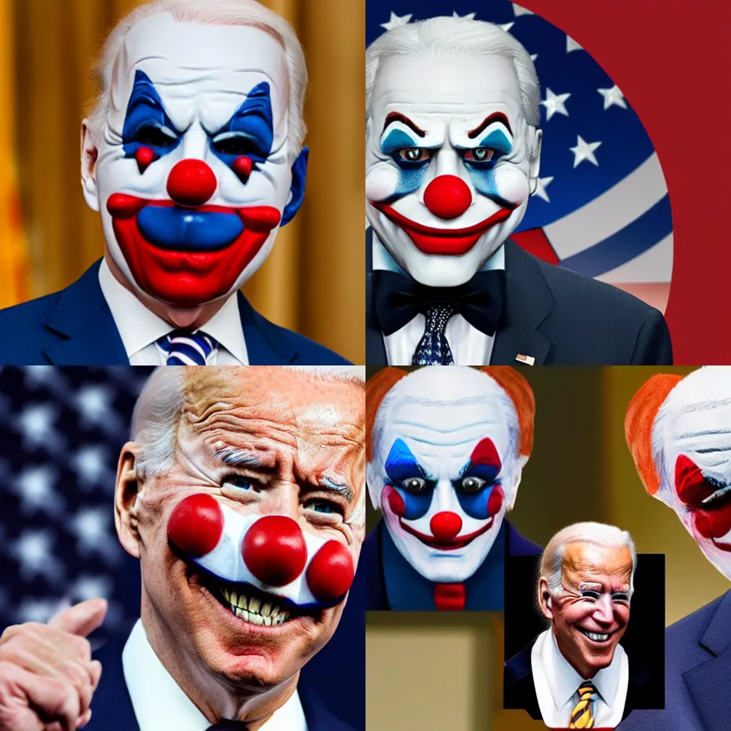 Prompt: Joe Biden wearing a payday 2 clown mask