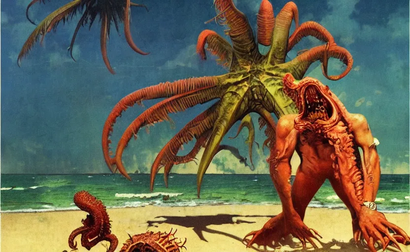 Image similar to cthulhu rising from the ocean by a tropical beach with palm trees. lovecraftian horror. highly detailed science fiction painting by norman rockwell, frank frazetta, and syd mead. rich colors, high contrast, gloomy atmosphere, dark background. trending on artstation