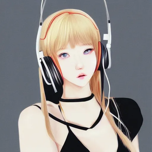 Image similar to realistic beautiful gorgeous natural cute Blackpink Lalisa Manoban blonde hair cute fur blonde cat ears, wearing camisole, wearing headphones, wearing black leather choker artwork drawn full HD 4K highest quality in artstyle by professional artists WLOP, Taejune Kim, Guweiz on Artstation Pixiv