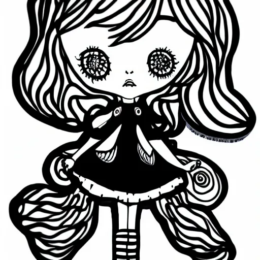 Image similar to Cute emo doll, black line art, in style of Tim Burton