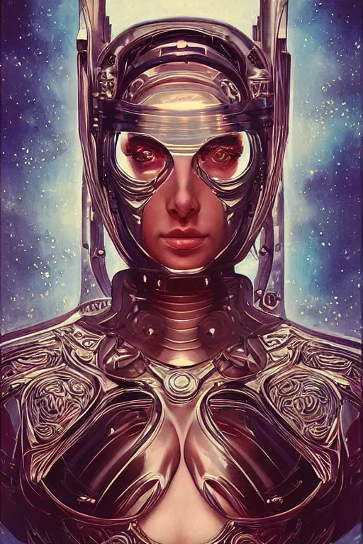 Prompt: retro-futuristic portrait of a beautiful female android wearing chrome armour, underwater, ornate background, ornate pattern, glowing eyes, evil expression, high details, intricate details, renaissance style, painting by vincent di fate, artgerm julie bell beeple, 80s, Smooth gradients, High contrast, depth of field, very coherent symmetrical artwork