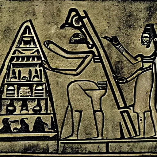 Image similar to ancient egyptian hieroglyphics of kermit the frog building the pyramids from a flying saucer