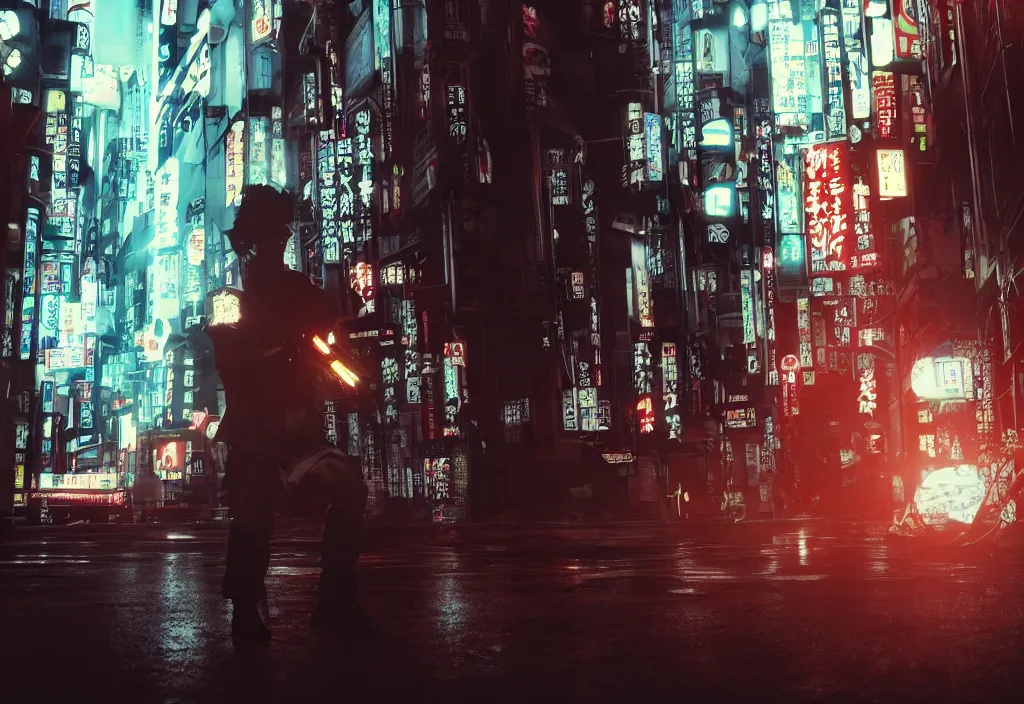 Prompt: film by madhouse and by takeshi koike, tokyo streets cyberpunk style, max payne blood, trending on artstation, cinematic composition, golden ratio, perfect composition, color balance, physical correct light shadows, octane render 8 k