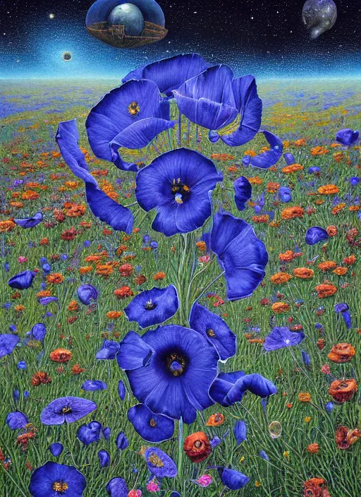 Image similar to detailed, intricate blue black and purple papaverum flower on the field, nebula, galaxy in the sky, winning award masterpiece, fantastically beautiful, illustration, aestheticly inspired, jacek yerka, upscale with anguissola sofonisba work, artstation, 8 k