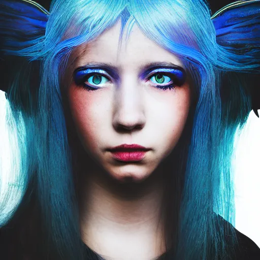 Prompt: portrait of young girl half dragon half human , dragon skin, dragon eyes, dragon crown, blue hair, long hair, David Lynch