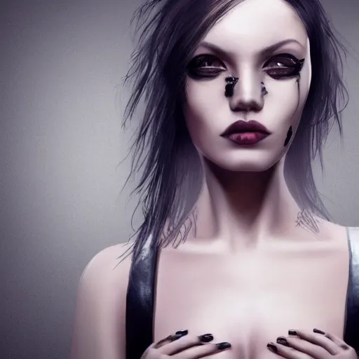 Image similar to Hot young woman, grey skin, void eyeballs, tattoos, wearing leather, digital art, concept art, 4k, 8k
