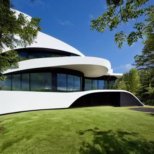 Image similar to This new and unique house exterior is inspired by the majestic, soaring form of an eagle in flight. The front façade features several large windows arranged in a sweeping curve. photo.