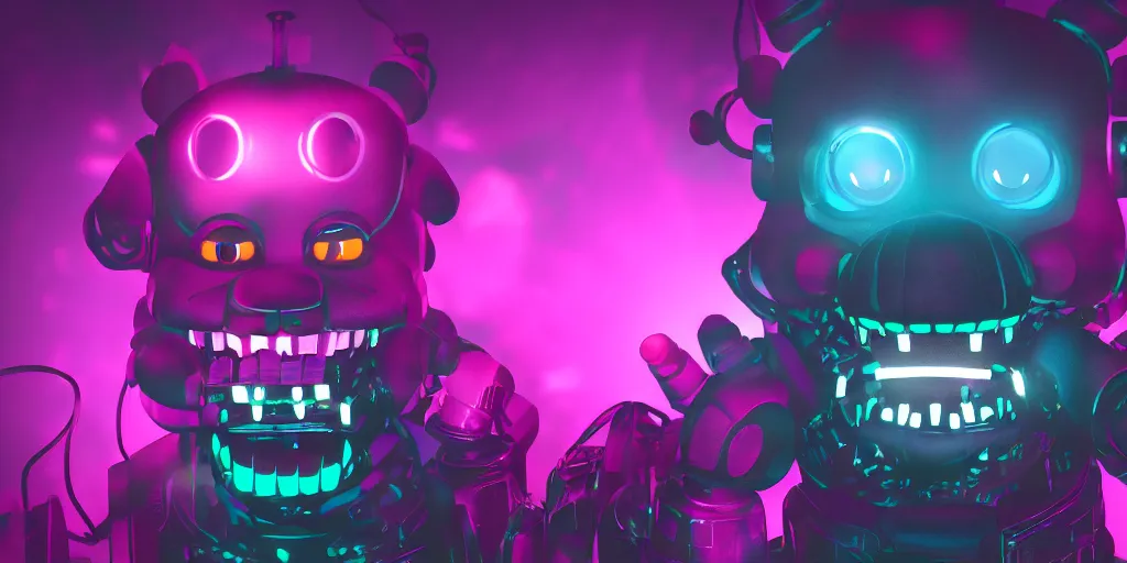 Image similar to fnaf freddy, cyberpunk, rgb, neon, hd, cinematic,