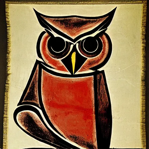 Image similar to symbol of an owl on a war banner, avant garde style, cubism, red eyes, circa 1 6 0 0 s, shallow focus, old, grain, scretch, photorealism, realistic photography, war photography, war, history, museum collection