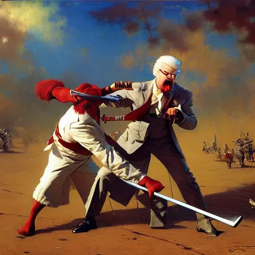 Image similar to colonel sanders with katana fighting donald mcdonald, highly detailed painting by gaston bussiere, craig mullins, j. c. leyendecker, 8 k