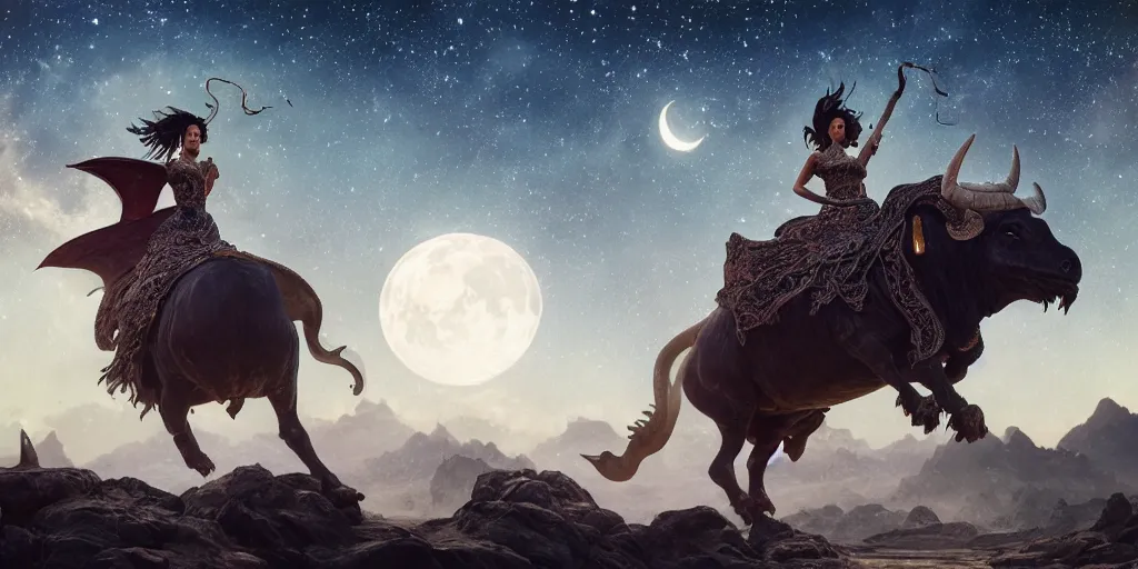 Image similar to a beautiful ornate woman, riding a bull in moonlit socotra island with dragon trees, starry night, sharp focus, wide shot, trending on artstation, masterpiece, by greg rutkowski, by ross tran, by fenghua zhong, octane, soft render, ultrarealistic, colorful, cinematic, shadow of the tomb rider