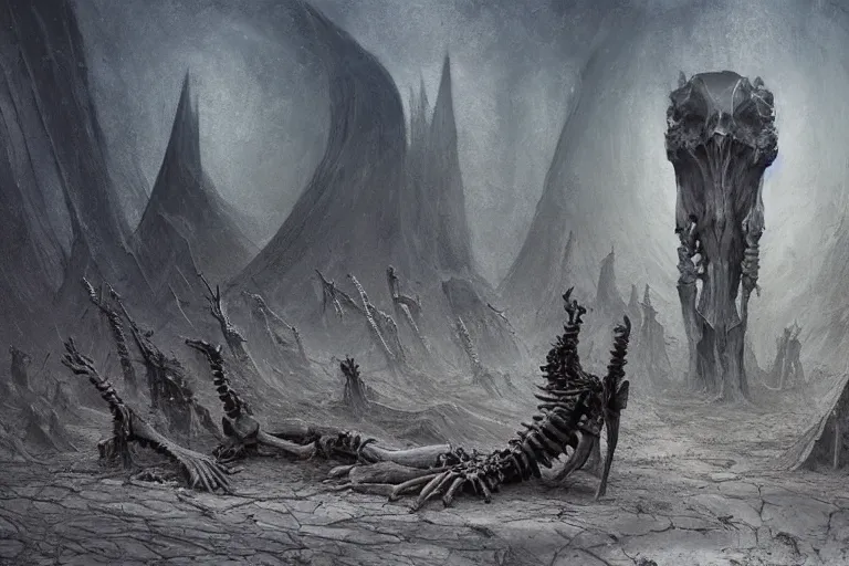 Image similar to prophecy, gnostic atmosphere, amazing concept painting by Jessica Rossier and HR giger and Beksinski, the middle of a valley; it was full of bones, bones that were very dry, there was a noise, a rattling sound, and the bones came together, bone to bone , I looked, and tendons and flesh appeared on them and skin covered them, but there was no breath in them and breath entered them, they came to life and stood up on their feet a vast army