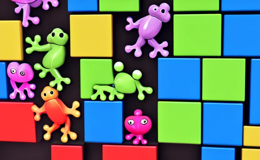 Image similar to frogs playing tetris, highly detailed, extremely high quality, hd, 4 k, 8 k, professional photographer, 4 0 mp, lifelike, top - rated, award winning, cinematic, realistic, detailed lighting, detailed shadows, sharp, no blur, edited, corrected, trending