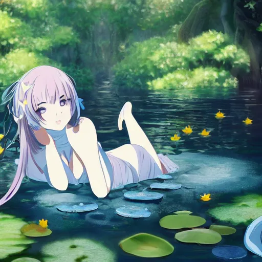 Prompt: Hestia Danmachi laying in a pond of lilies, somber ethereal lighting, in the style of yang-do, anime illustration