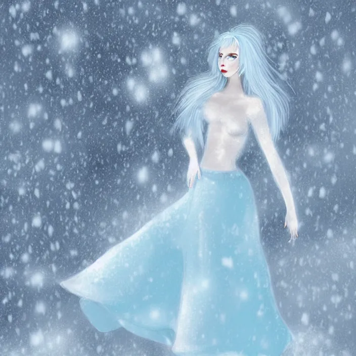 Image similar to full body portrait of a woman with pale blue hair wearing a covering white dress made out of snowflake in the middle of a heavy snowstorm. pale, sickly looking. digital art by maromi sagi