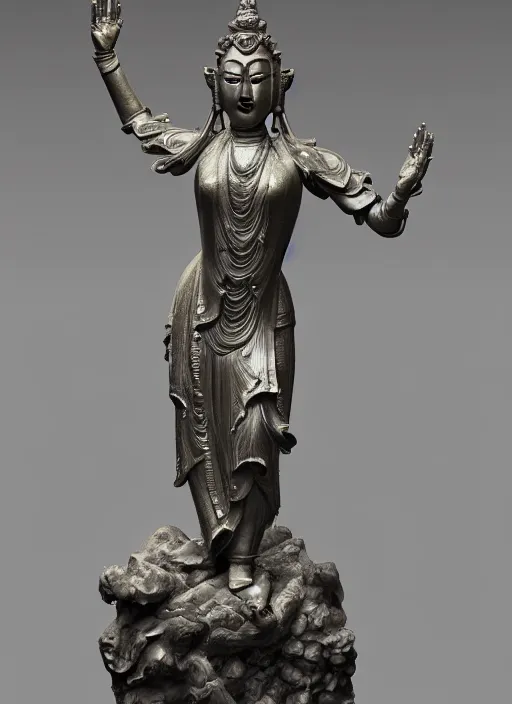 Image similar to a art deco sculpture statue of full body guanyin, intricate complexity,, statue by jane hamilton, ruan jia, character concept, radiant light,, frostbite 3 engine, cryengine, dof, trending on artstation, digital art, fantasy detailed abackground