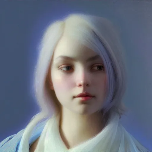 Image similar to a young woman's face, her hair is white and she wears a cobalt blue satin cloak, by ivan aivazovsky and syd mead and moebius and gaston bussiere and roger dean and pieter claesz and paul delaroche and alma tadema and aelbert cuyp and willem claesz, hyperrealistic, volumetric light, octane render