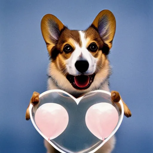 Prompt: a corgi with a heart shaped balloon, high quality, sharp focus, photo by annie leibovitz