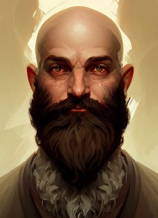 Image similar to symmetry!! portrait of a dnd dwarf no hair and big bushy beard, intricate, elegant, highly detailed, digital painting, artstation, concept art, smooth, sharp focus, illustration, art by artgerm and greg rutkowski and alphonse mucha