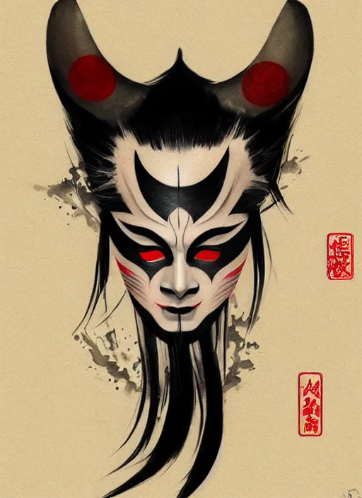 Prompt: kabuki mask tattoo design by greg rutkowski