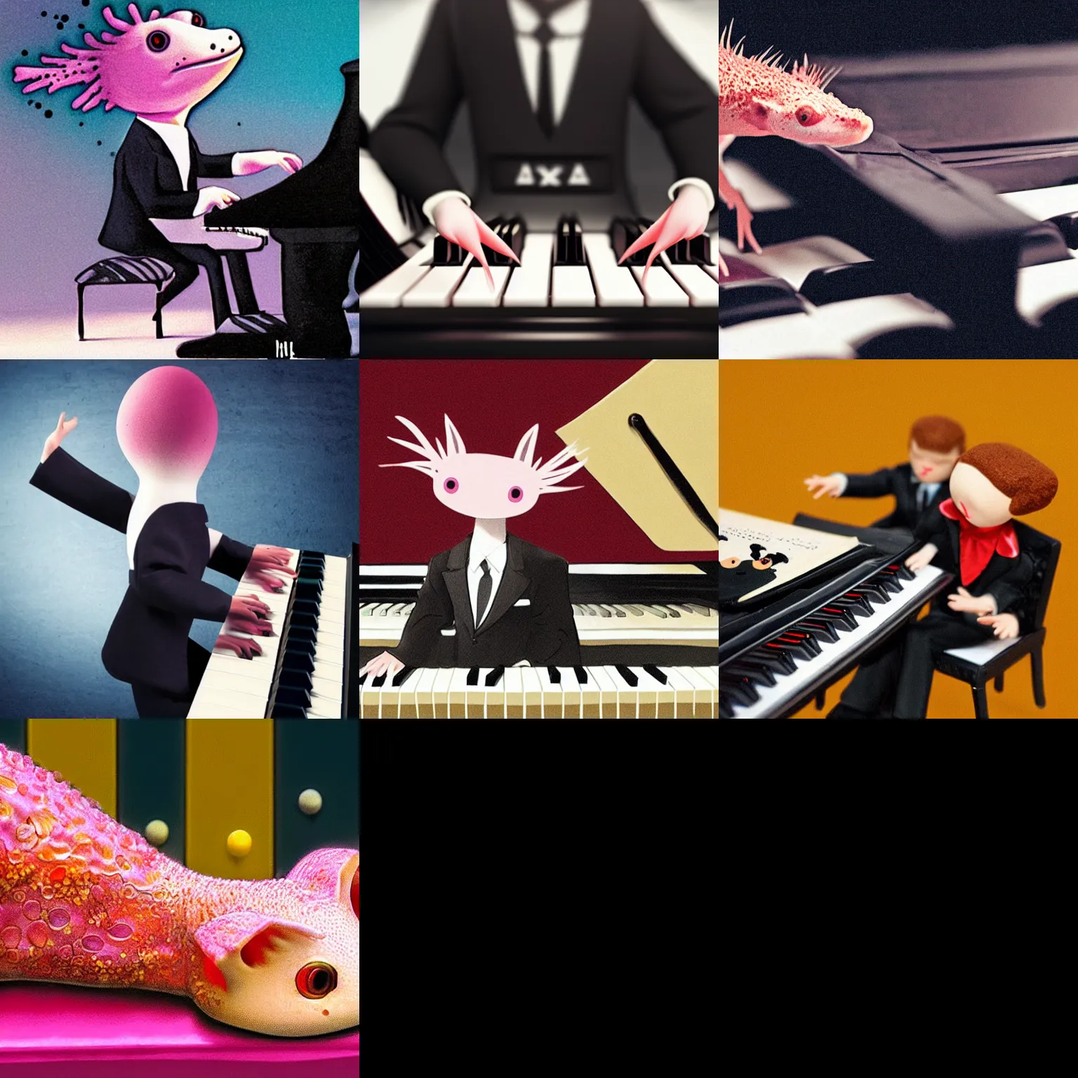 Prompt: an axolotl in a black suit playing piano. photo realistic. vivid color. futuristic.