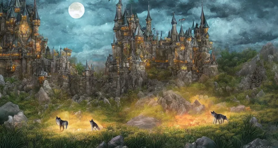 Image similar to wolves and their treasures - fantasy castle in astral landscape, trending on artstation, illustration, digital painting, highly detailed render by studio ghibli