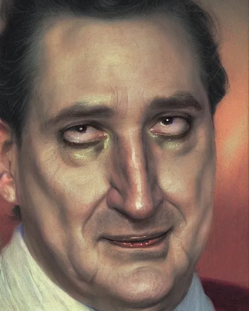 Image similar to closeup portrait of whimsical conniving ted cruz, court jester in renaissance era,, masterpiece, by donato giancola and greg rutkowski and wayne barlow and zdzisław beksinski, high contrast, realistic face