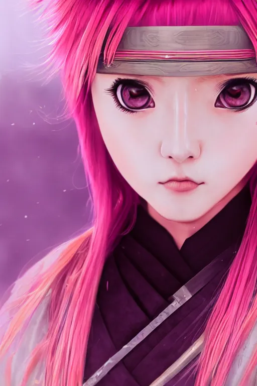 Prompt: highly detailed beautiful photo of a young female samurai, symmetrical face, beautiful eyes, pink hair, realistic anime art style, 8 k, award winning photo, pastels colours, action photography, 1 / 1 2 5 shutter speed, sunrise lighting