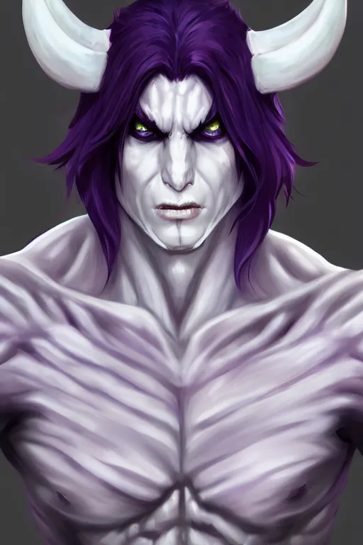 Prompt: human male demon, full body white purple, focus, closup, portrait, hero, character concept art, costume design, black eyes, white horns, trending on artstation, Artgerm , WLOP