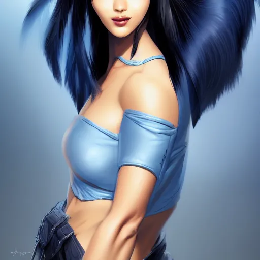 Prompt: a stunning upper body portrait of a beautiful woman with raven hair with a blue tint blowing in the wind by marvel comics, digital art, trending on artstation