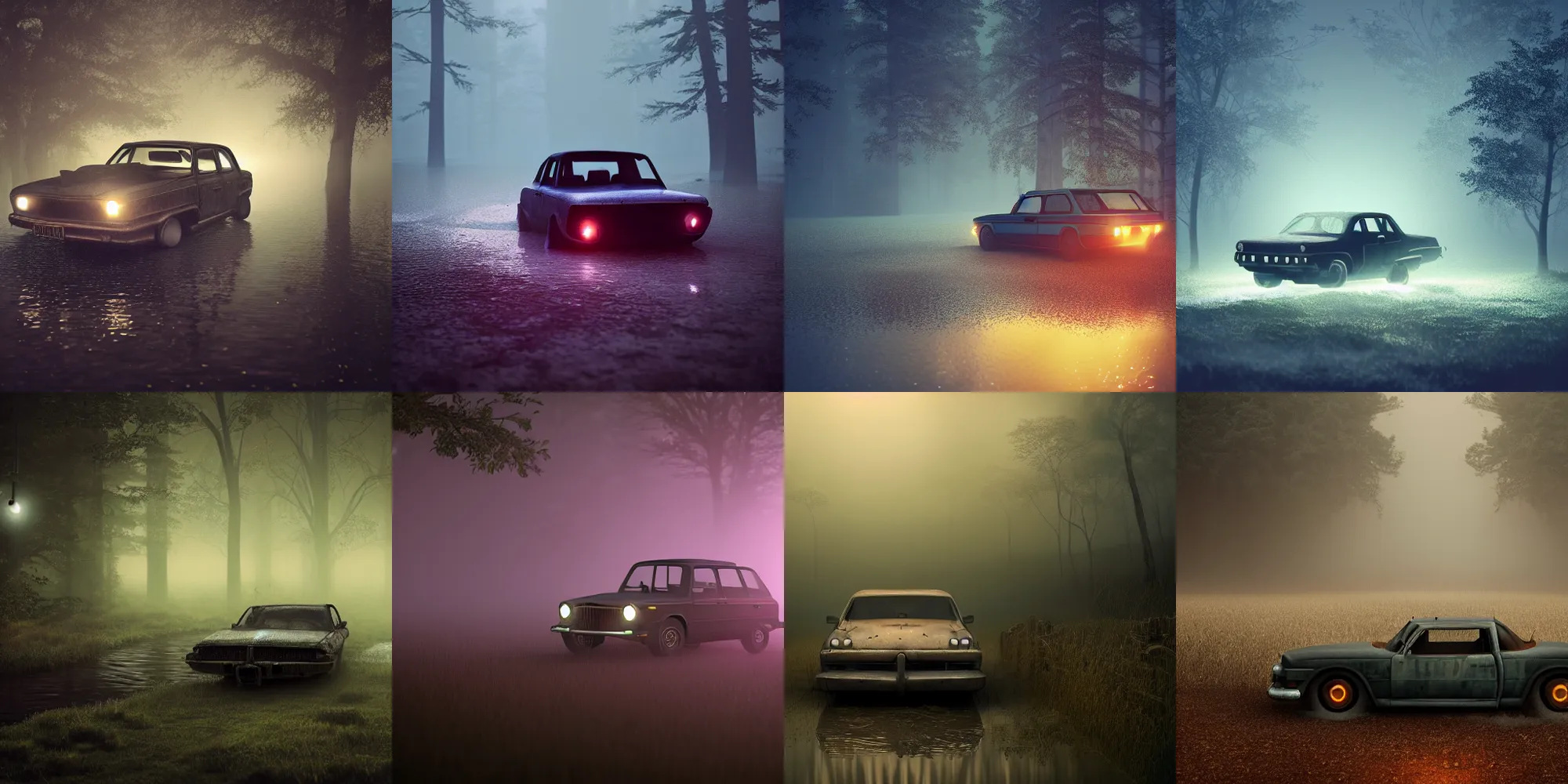 Prompt: old car with headlights on sinking in beautiful dark foggy swamp, in the style of beeple and Mike Winkelmann, intricate, epic lighting, cinematic composition, hyper realistic, 8k resolution,