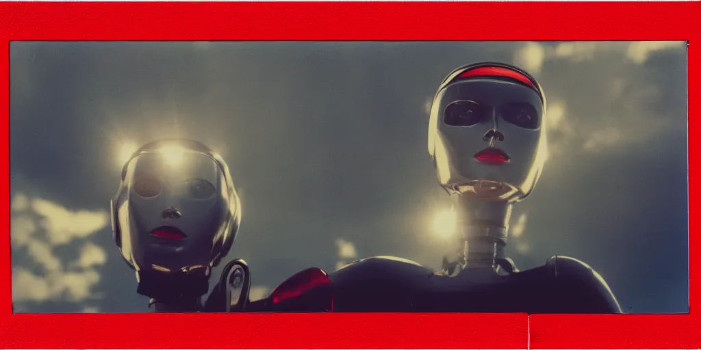 Prompt: analog polaroid portrait of a chrome female robot looking at the camera, vintage science fiction, sheen, red lipstick, red reflections, unreal engine, azure sky, big clouds visible, sunlight, reflection, sparkles, lensflare, film grain, depth of field, color bleed