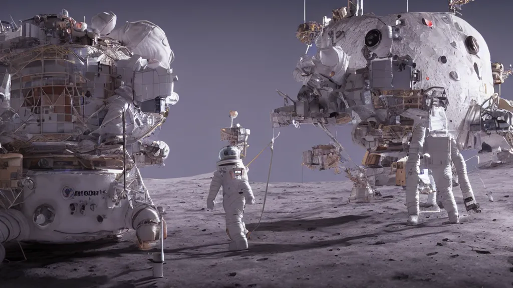 Image similar to disney world on the moon, photorealistic, 8 k, extreme detail, rendered in octane, rendered in arnold, rendered in vray, created in unreal engine 5, crowds of people in space suits