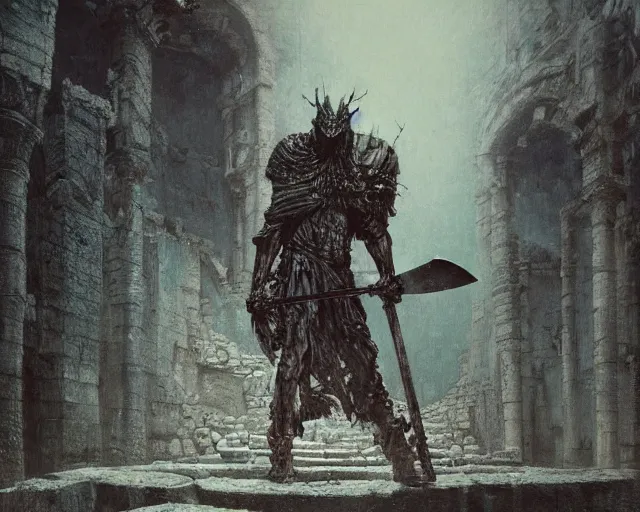 Prompt: a hyperdetailed painting of a dark executioner wielding a huge axe standing in the middle of an ancient ruined temple, dark soul concept, by beksinski, ruan jia, trending in artstation