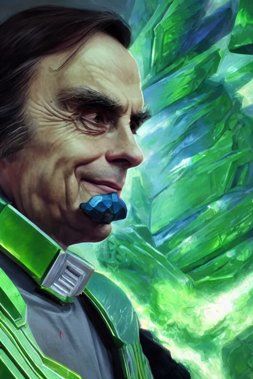 Prompt: portrait of carl sagan as green ranger from power rangers, intricate, highly detailed, smooth, artstation, digital illustration by Ruan Jia and Mandy Jurgens and Artgerm and Wayne Barlowe and Greg Rutkowski and Zdislav Beksinski