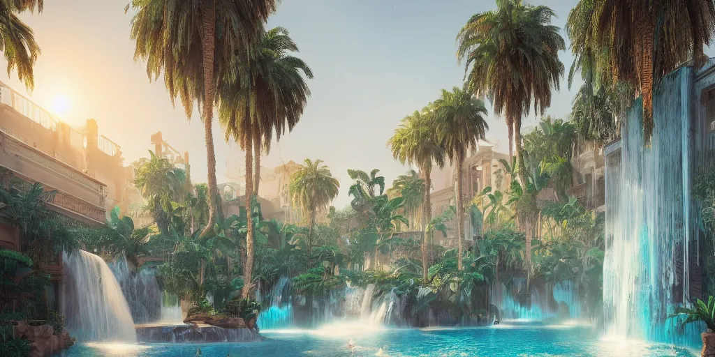 Image similar to beautiful pool waterfalls surrounded by palm trees, moroccan tile archways, industrial buildings, ivory towers, sun setting, ross tran, fantasy, james jean, peter morbacher, angelarium, alchemy, luxury, heavenly light, soft illumination, trending on artstation, cinematic lighting, digital painting, octane render, artgerm