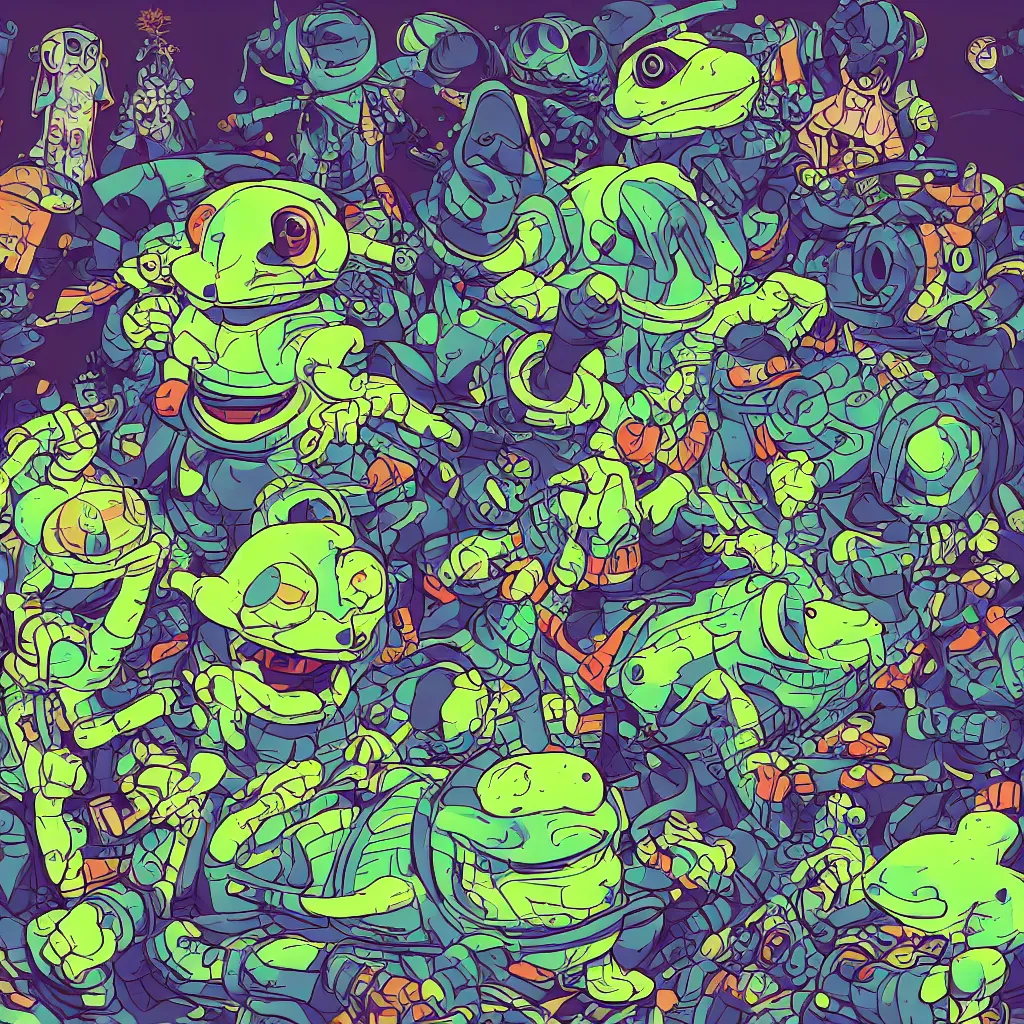 Image similar to toads, deconstructed amphibian, ryuta ueda artwork, breakcore, style of jet set radio, y 2 k, gloom, space, cel - shaded art style, indigo rainbow, data, minimal, code, cybernetic, dark, eerie, cyber