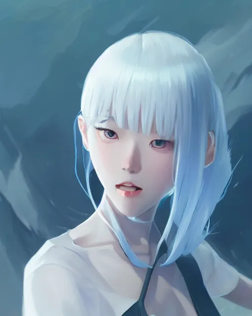 Prompt: a pale korean girl with white hair wearing a blue outfit with blades hovering around her, full shot, perfectly shaded body, atmospheric lighting, detailed face, by makoto shinkai, stanley artgerm lau, wlop, rossdraws