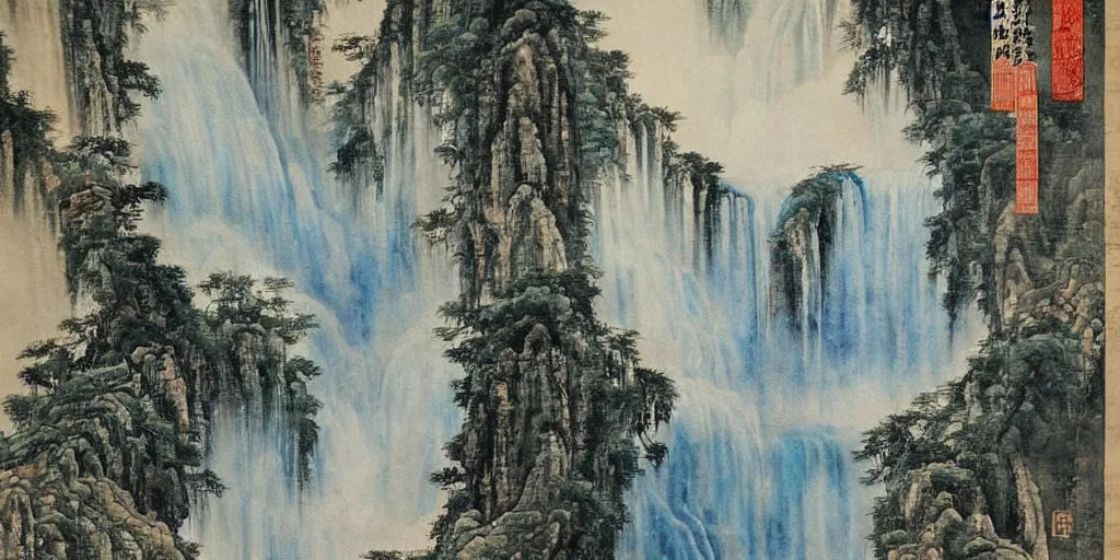 Image similar to “ large ancient gate in the middle of waterfall in chinese watercolor painting, oil painting, masterpiece, aesthetic ”
