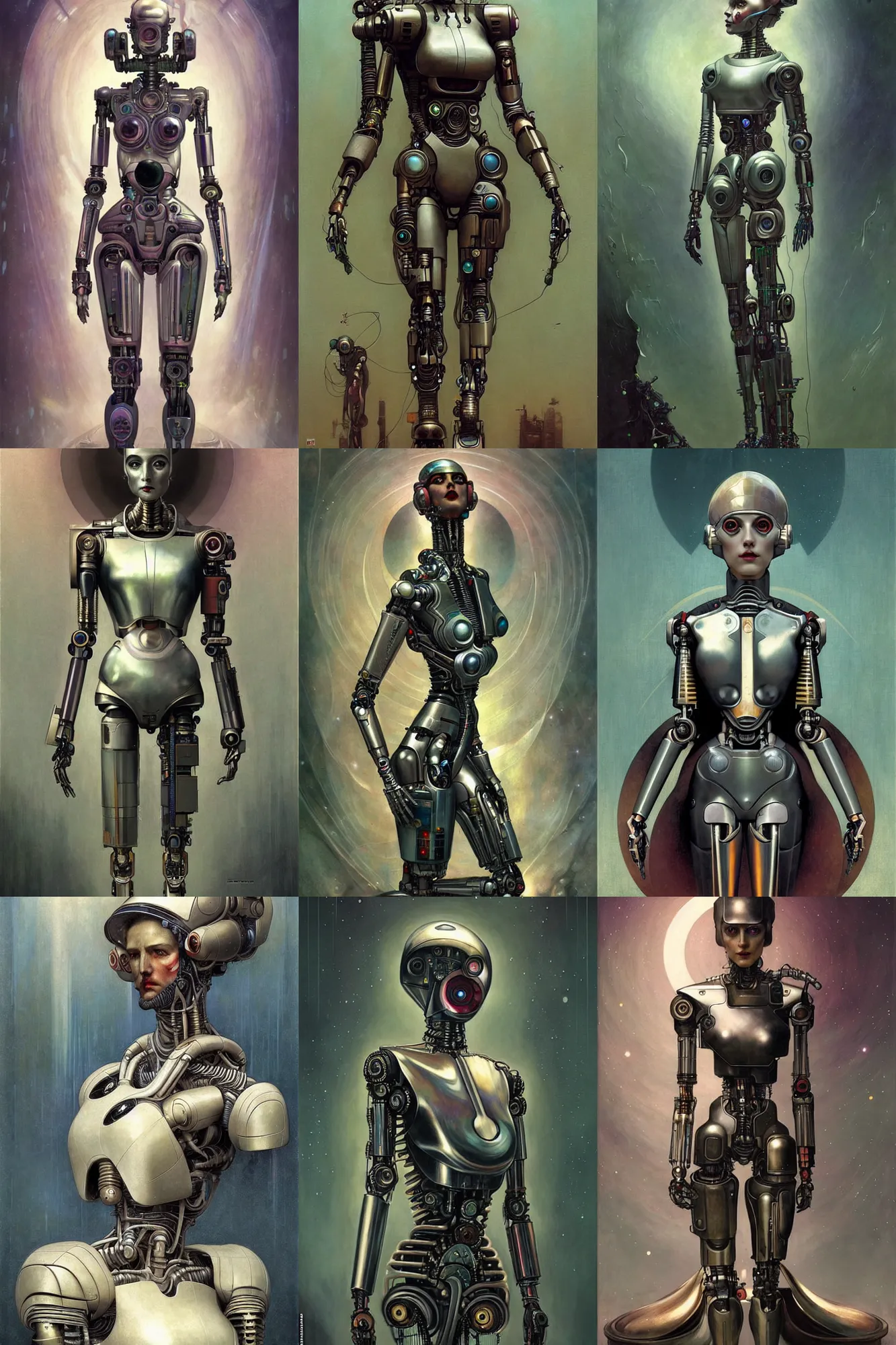Prompt: fullbody futurist cyborg empress, perfect future, award winning art by santiago caruso, iridescent color palette, beautiful face, by wlop and karol bak and bouguereau and viktoria gavrilenko, 1 9 5 0 s retro future robot android. muted colors