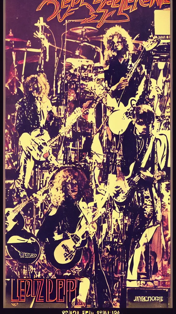 Image similar to Led Zeppelin concert poster circa 1974, Madison Square Garden, colorized, Robert plant, Jimmy Page, guitars, drum kit, minimalist