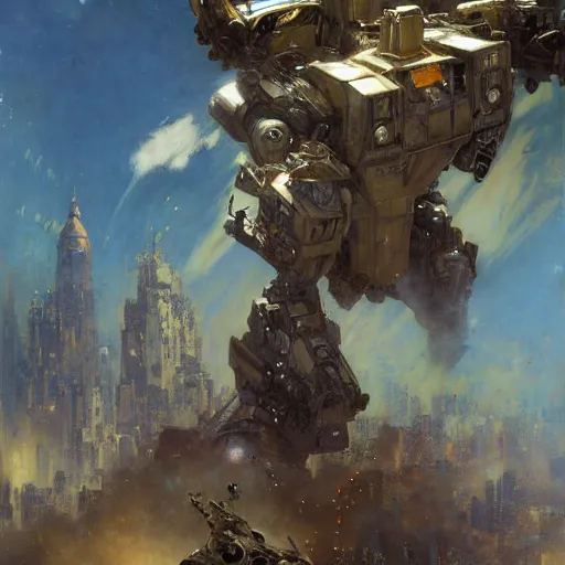 Image similar to six meters tall mech fighting in an urban environment, epic action scene, by gaston bussiere craig mullins jc leyendecker gustav klimt artgerm greg rutkowski john berkey, bergey, craig mullins, ruan jia, raymond swanland, jeremy mann, tom lovell, alex malveda, ray casting, hdr