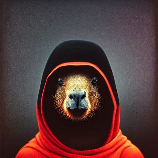 Image similar to a portrait of a capybara wearing a black hood, cloak covering face, anatomically correct, beautiful perfect face, enigmatic, oil painting, matte, black background, volumetric dynamic lighting, highly detailed, cinematic lighting, unreal engine, 8 k, hd, by beksinski