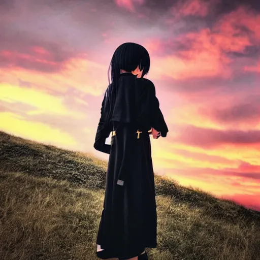 Image similar to 1 7 - year - old anime goth girl, black hair, long bob cut, long bangs, gothic coat, golden hour, partly cloudy sky, red clouds, orange sky, old town, strong lighting, strong shadows, vivid hues, ultra - realistic, sharp details, subsurface scattering, intricate details, hd anime, 2 0 1 9 anime